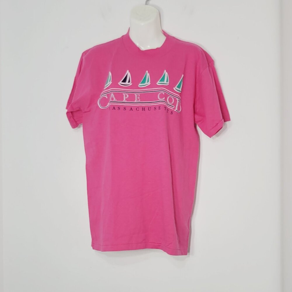 Oneita Cape Cod Pink Massachusetts Cotton Blend Short Sleeve Mock Neck T-Shirt L